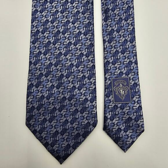 Gucci Blue Monogram Medallion Crest Silk Tie Italy Luxury Designer 59" - Picture 5 of 6